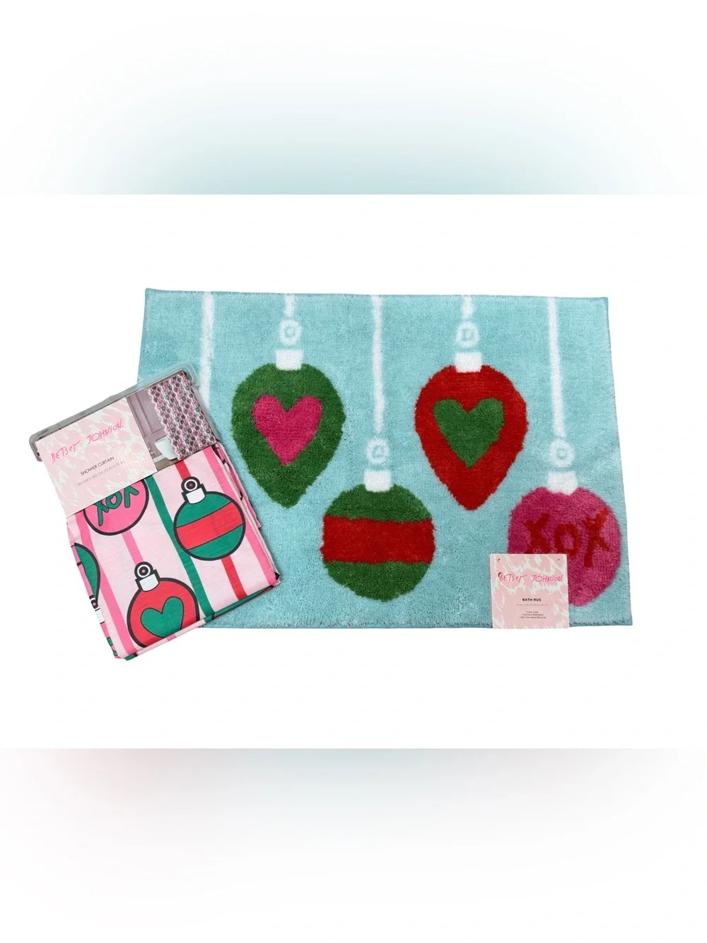Betsey Johnson NWT Bath Accessory Set Aqua Ornament Bath Mat & Shower Curtain